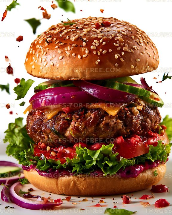 Loaded hamburger with fresh vegetables and sesame bun