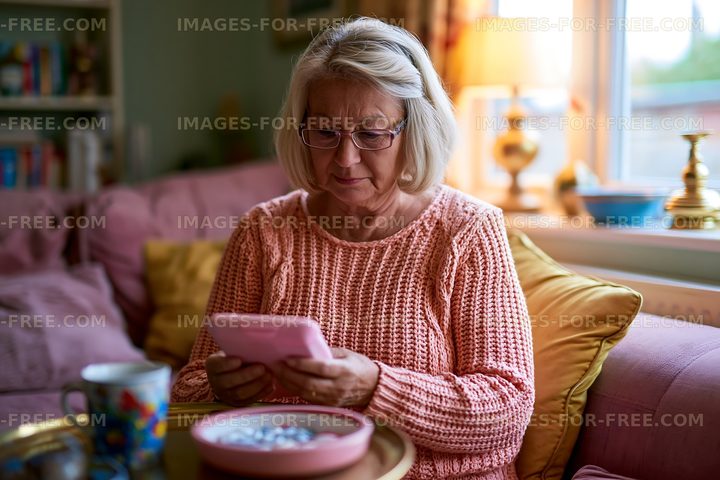 Senior woman reading a smartphone in a cozy living room