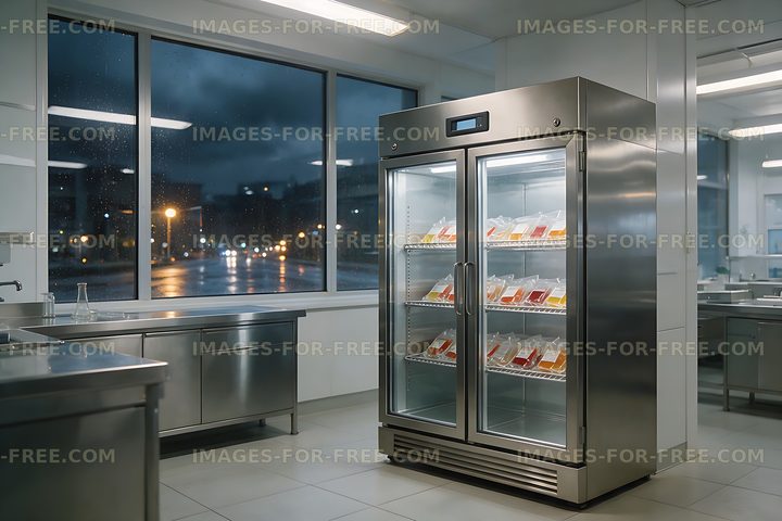 Refrigerator holding blood bags in a laboratory