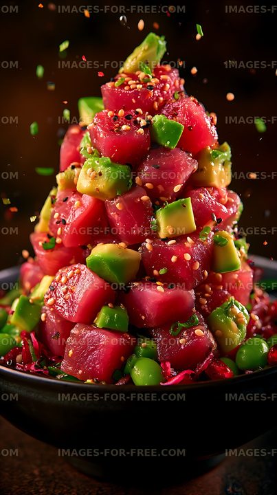 Vibrant dragon fruit avocado salad in a dark bowl