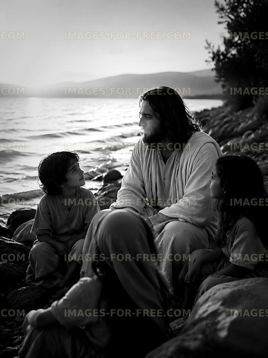 Man seated with children by a lake at sunset