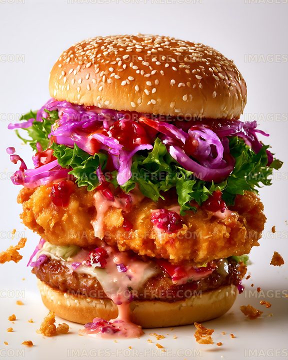 Loaded crispy chicken burger with colorful fresh toppings