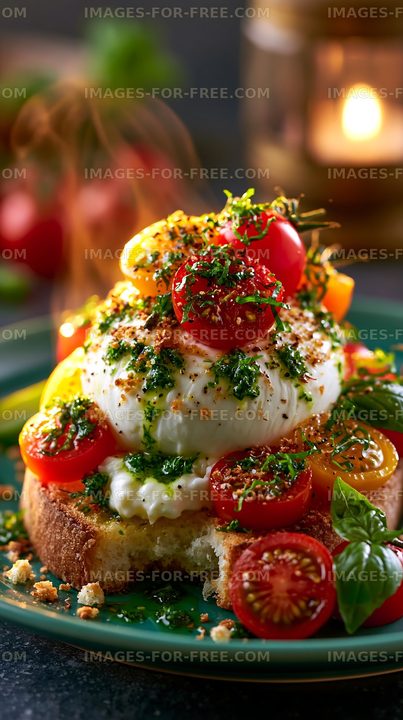 Creamy burrata toast topped with tomatoes and herbs