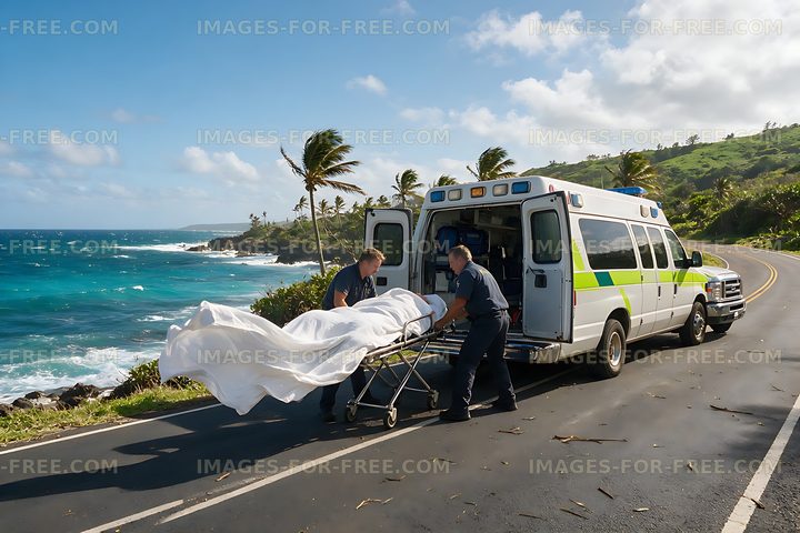 Emergency workers loading stretcher into ambulance on coastal road