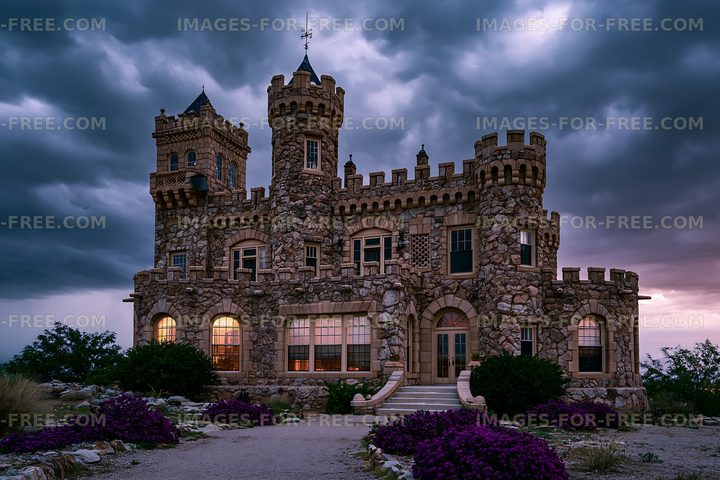 Stone fortress illuminated beneath a dramatic evening sky