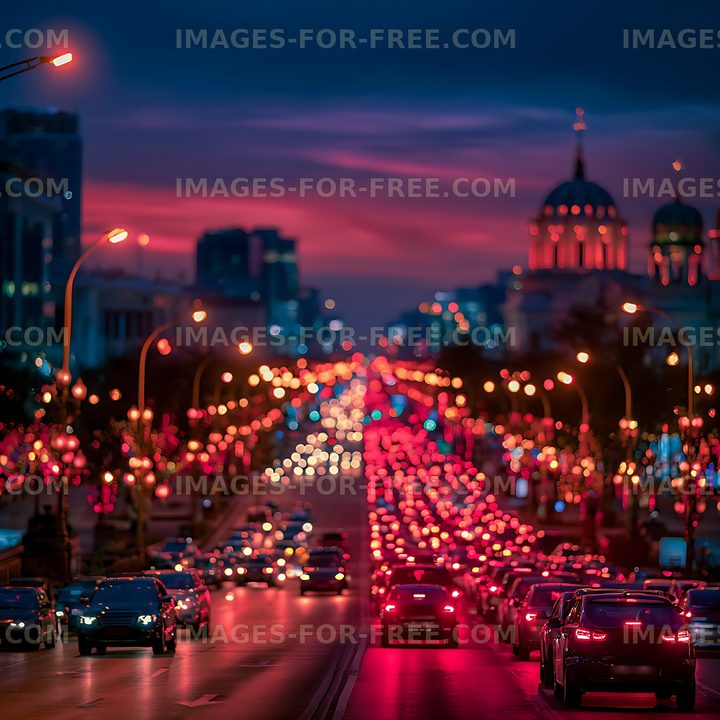 Colorful bokeh traffic on an urban boulevard at twilight
