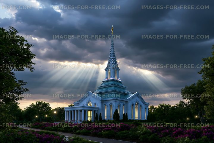 Church steeple and sunbeams under dark clouds