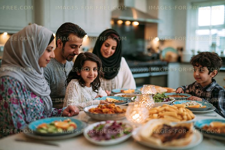 Family gathering around a table for a home-cooked meal