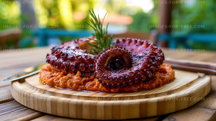 Close-up of grilled octopus with pepper sauce
