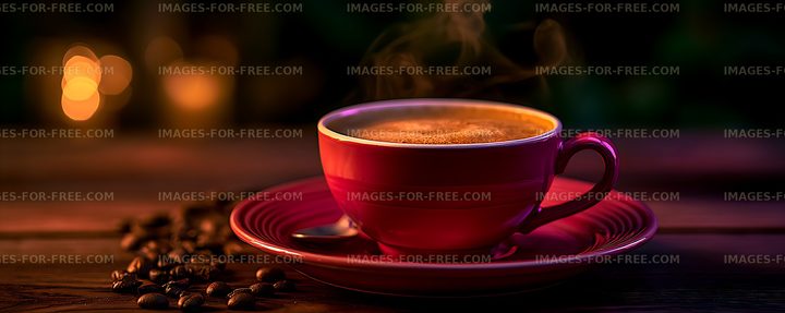 Steaming coffee in a red cup beside coffee beans