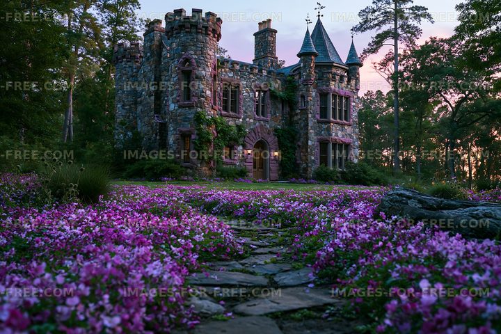 Fairytale stone castle in a flower-filled garden