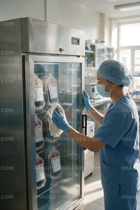Medical worker organizing blood bags in a refrigerator