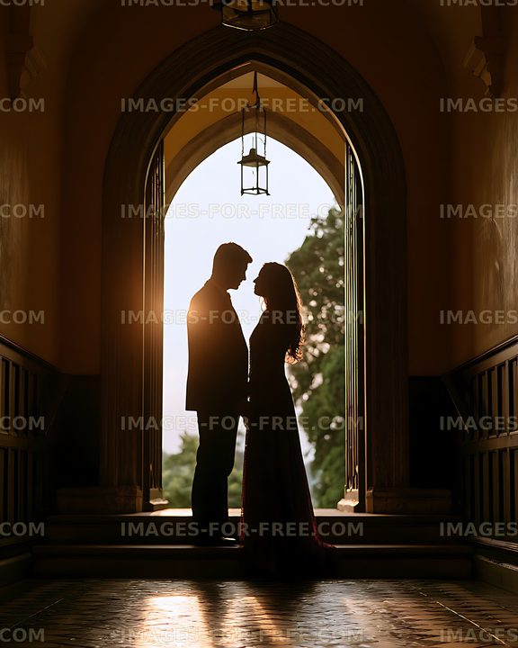 Romantic couple silhouetted in a sunlit archway