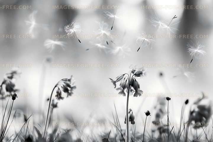 Flowers and seeds floating in the air in black and white