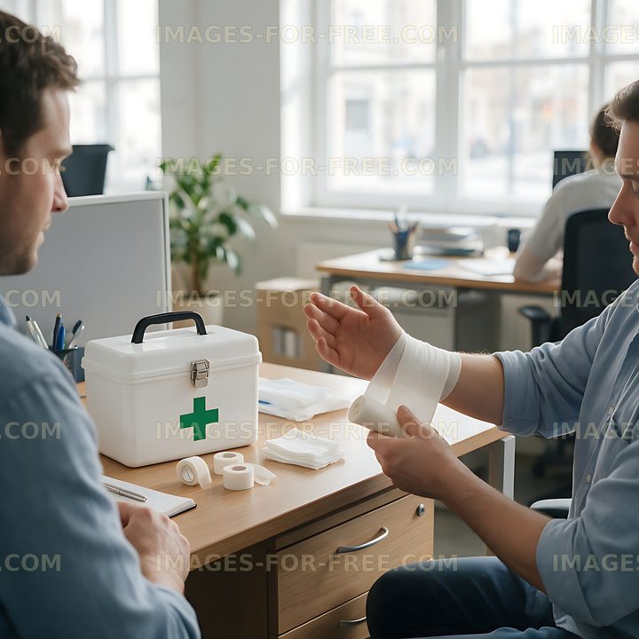 Coworker bandaging an injured wrist at an office desk