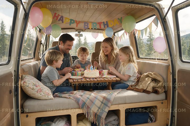 Family birthday celebration in a decorated camper van