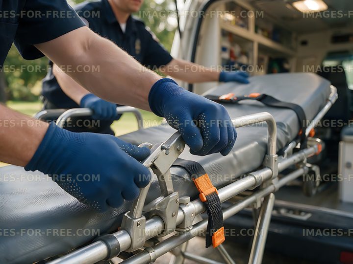 Paramedics loading stretcher into ambulance