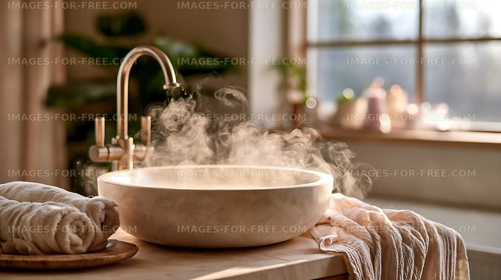 Warm home interior with steaming ceramic bowl