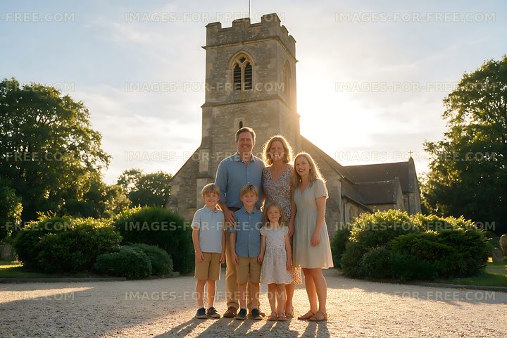 Family portrait outside a stone church at sunset