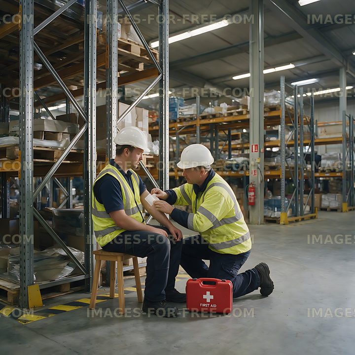 Two warehouse workers providing first aid