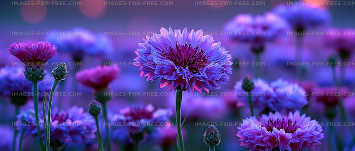 Colorful flowers bloom in a garden during sunset