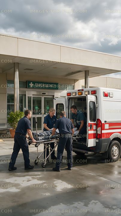 Emergency medical workers loading a stretcher into an ambulance