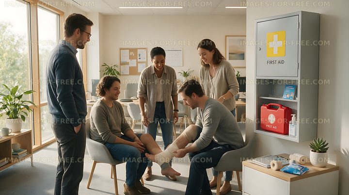 Coworkers providing first aid in a bright office