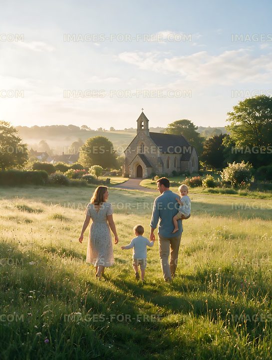 Family walking toward a church in the countryside