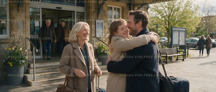 Family reunion at a station entrance