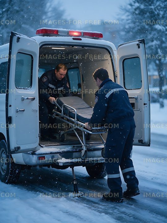 Emergency responders load stretcher into ambulance during snowfall