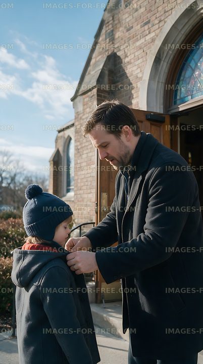 Parent helping child at church entrance