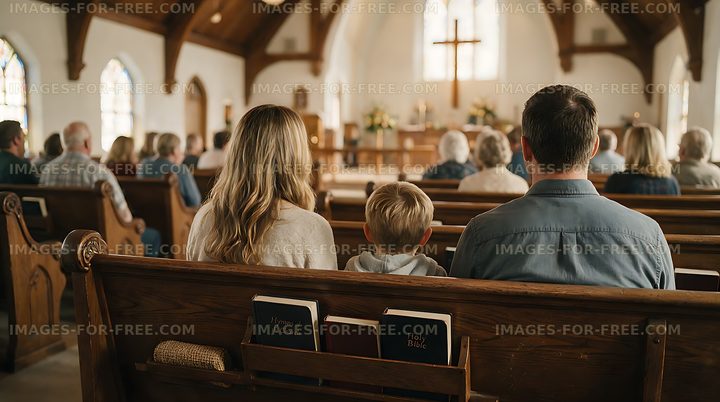 Family worshipping together inside a church