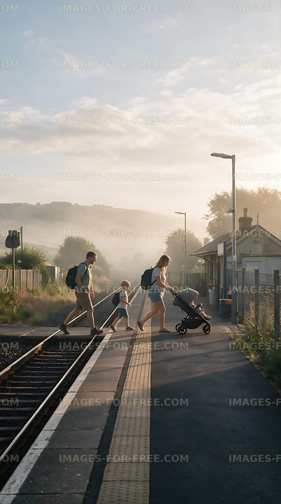 Family walking across a rural railway platform