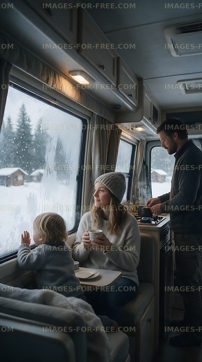 Family enjoying a cozy winter moment in a camper van