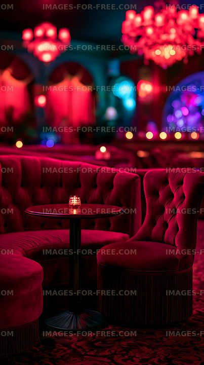 Moody red lounge interior with candlelit table and bokeh lighting
