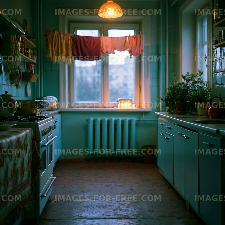 Warm vintage kitchen interior with clothesline and plants