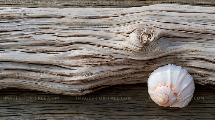 Seashell resting on textured driftwood