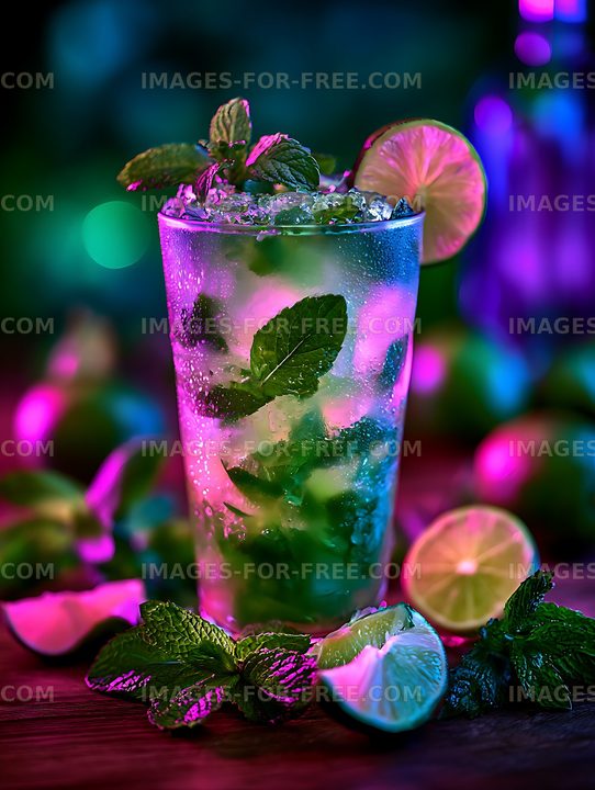 Colorful mint lime cocktail under neon lights