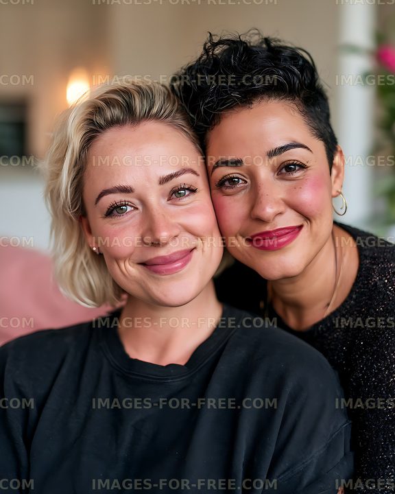 Close portrait of two smiling women together indoors