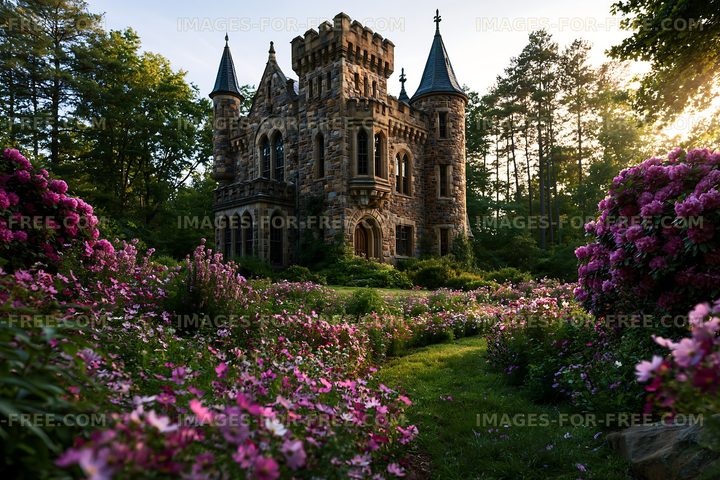 Historic stone castle in a colorful flower garden