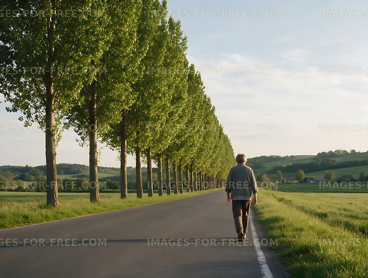 Tree-lined country road through green rolling fields