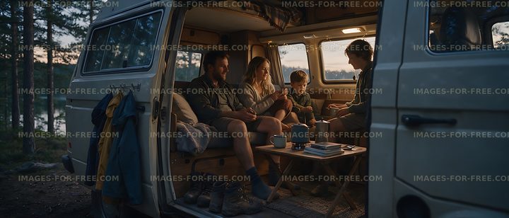 Family spending time together in a camper van among trees