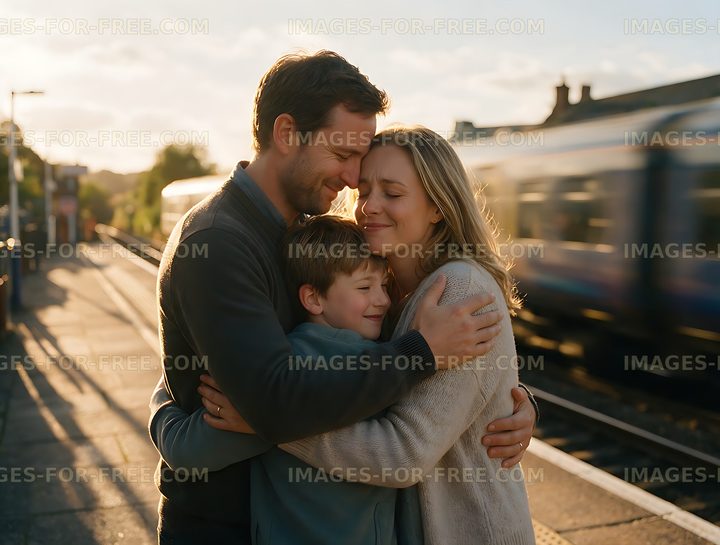 Family sharing a warm embrace at a railway station
