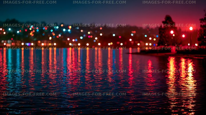 Vibrant bokeh lights over a lake at twilight
