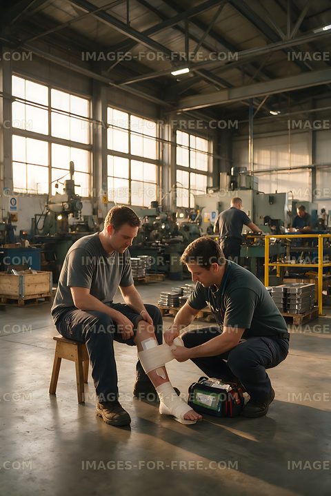 Worker receives first aid for leg injury in factory