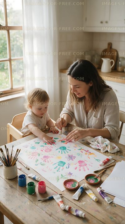 Mother and child creating colorful artwork in the kitchen