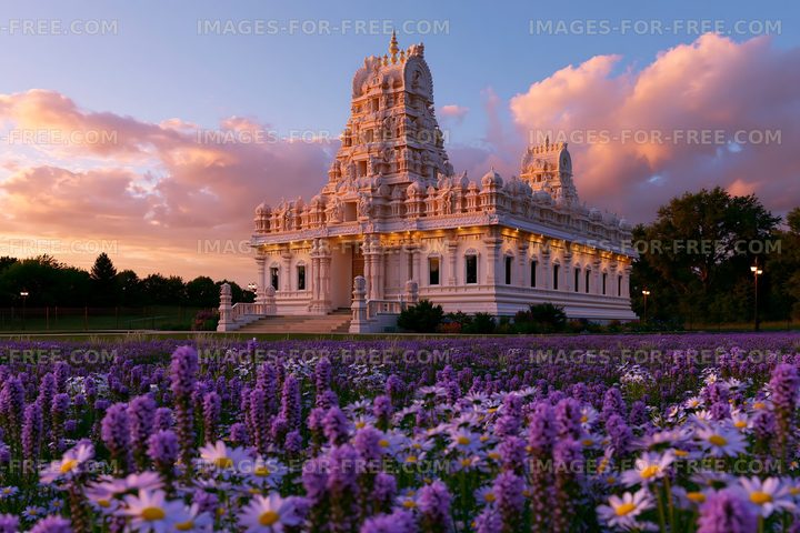 Ornate temple and purple flowers beneath a colorful sunset sky