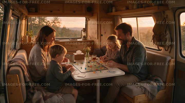 Family enjoying a board game in a camper van
