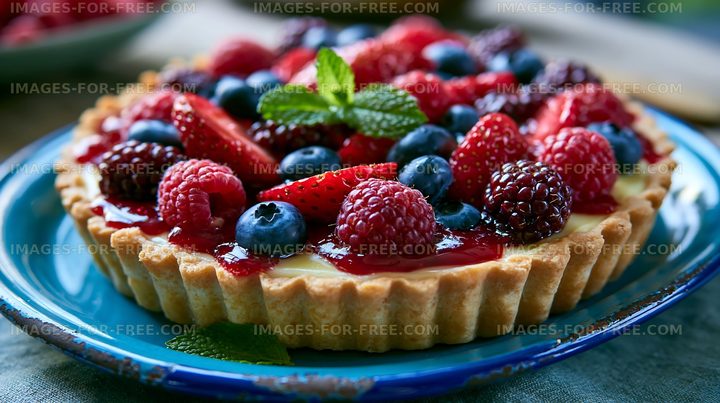 Colorful berry tart topped with fresh fruit and mint