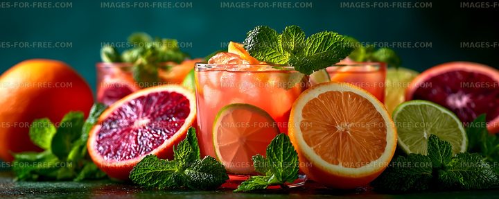 Colorful citrus drink surrounded by fresh fruit and mint